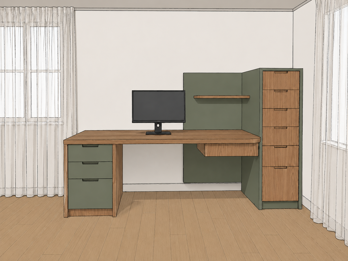 Rendu 3D d'un bureau sur mesure avec caisson à tiroirs et colonne de rangement