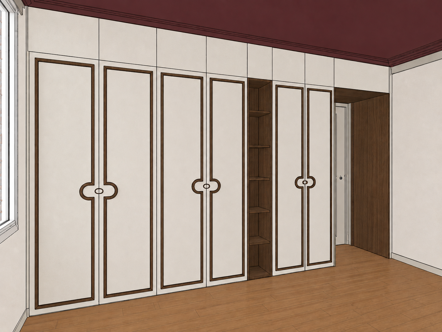 Rendu 3D d'un ensemble de placards toute hauteur à portes moulurées