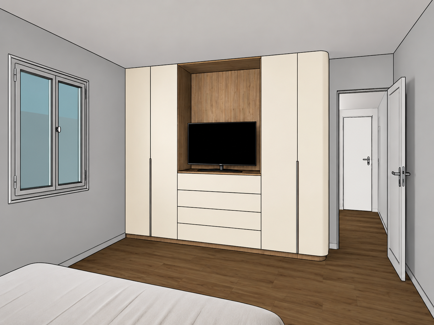 Rendu 3D d'un ensemble de chambre avec niche TV et tiroirs