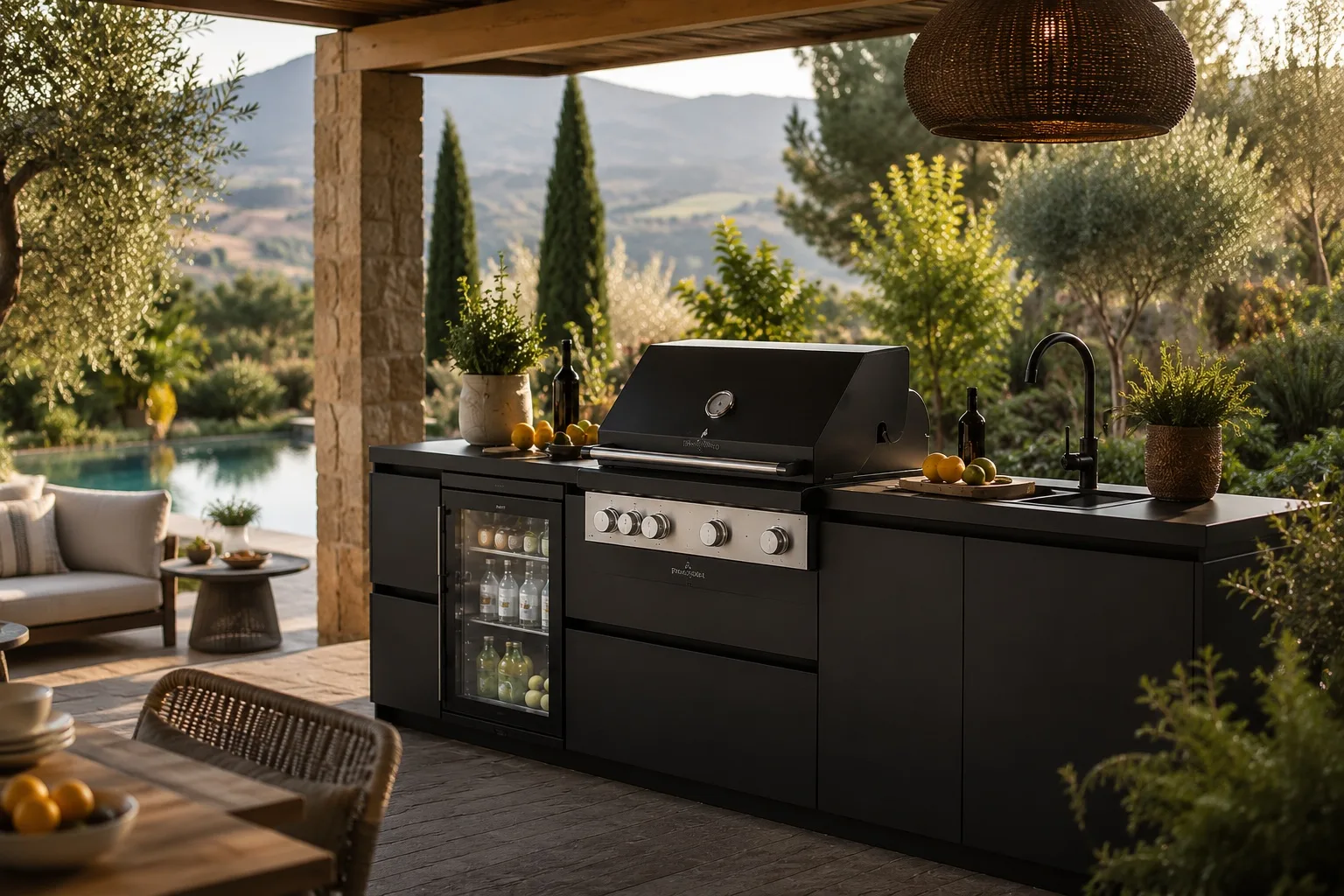 Cuisine extérieure noire avec plancha, évier et cave à boissons sous pergola