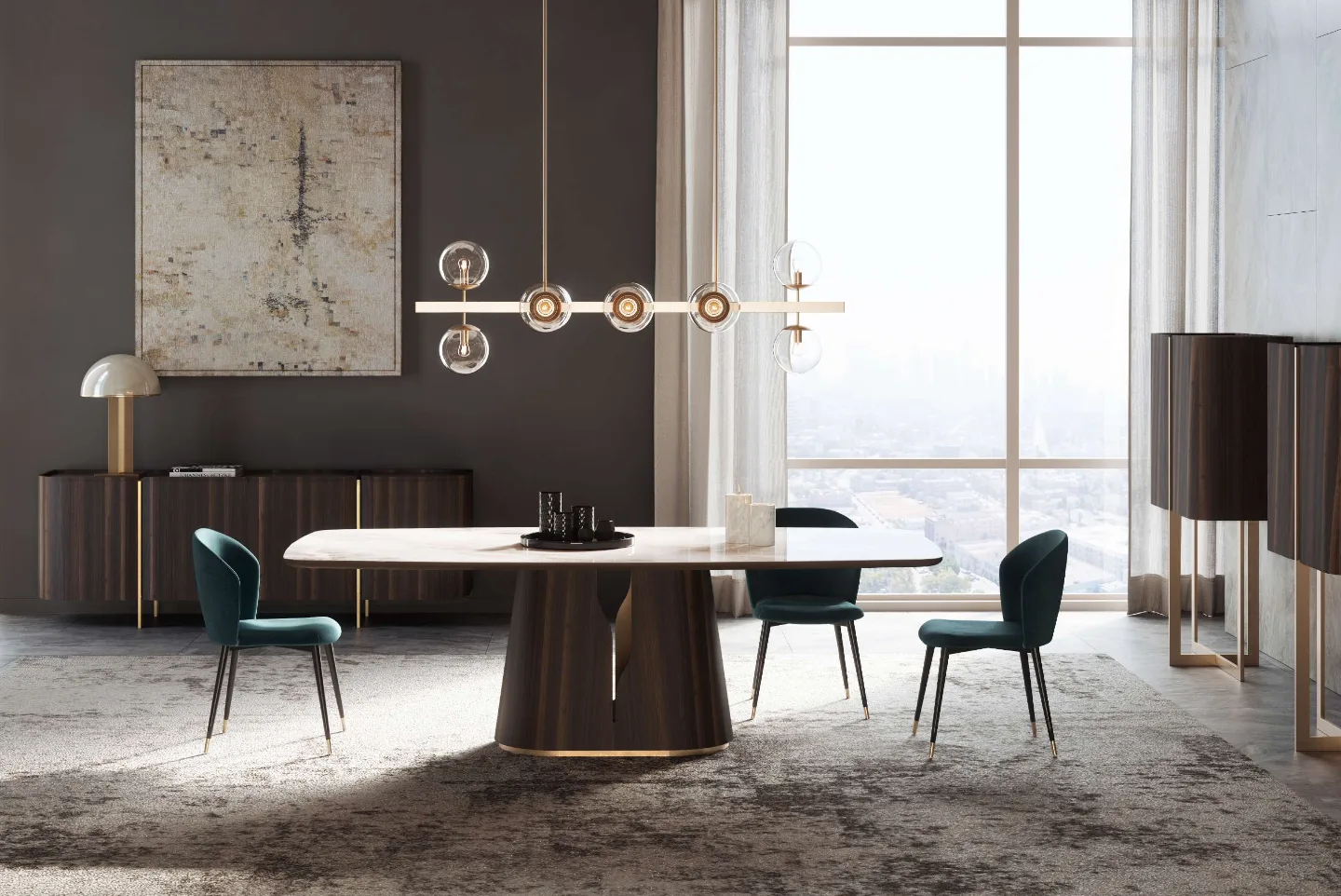 Salle à manger avec table sur mesure et mobilier contemporain