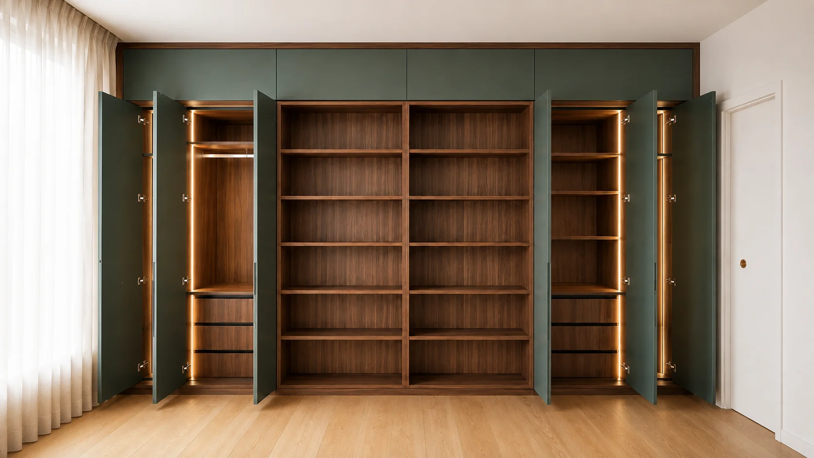 Bibliothèque sur mesure en noyer et laiton