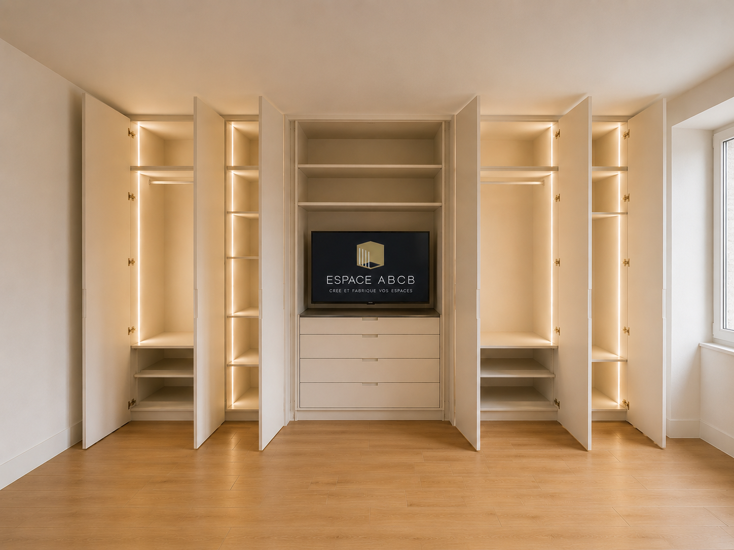 Placards et dressing sur mesure toute hauteur avec meuble TV intégré et éclairage LED