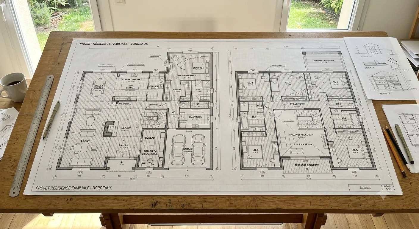 Plans d'architecte d'une résidence familiale sur une table de travail